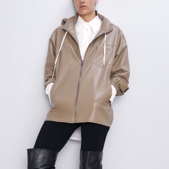 Zara Taupe Leather Hooded Zipper Jacket | XS - Picture 1 of 11